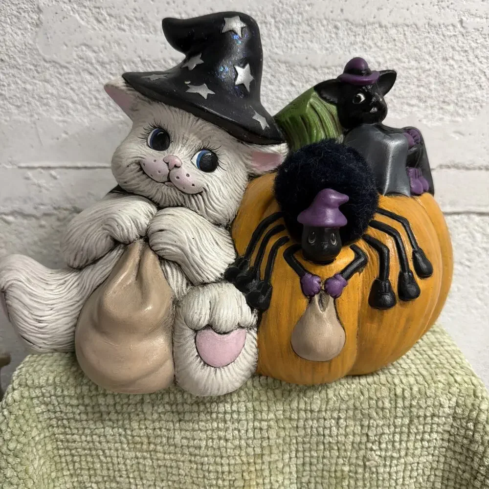 Vtg Signed Ceramic Cat Pumpkin Decor w/ Witch Hat Spider Bat Hand Painted